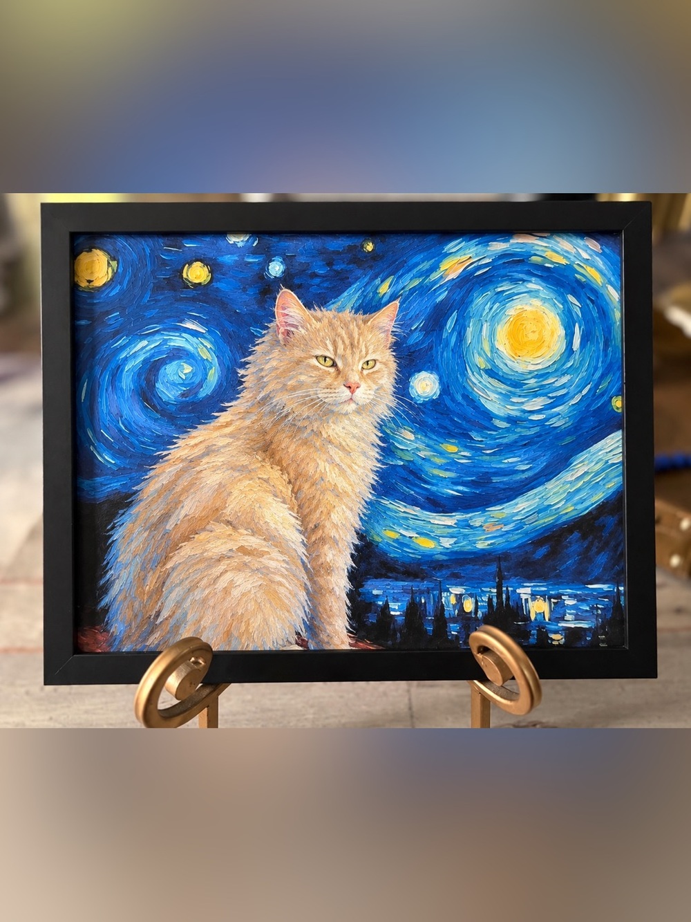 Framed 10x8” Starry Sky Cat Wall Art